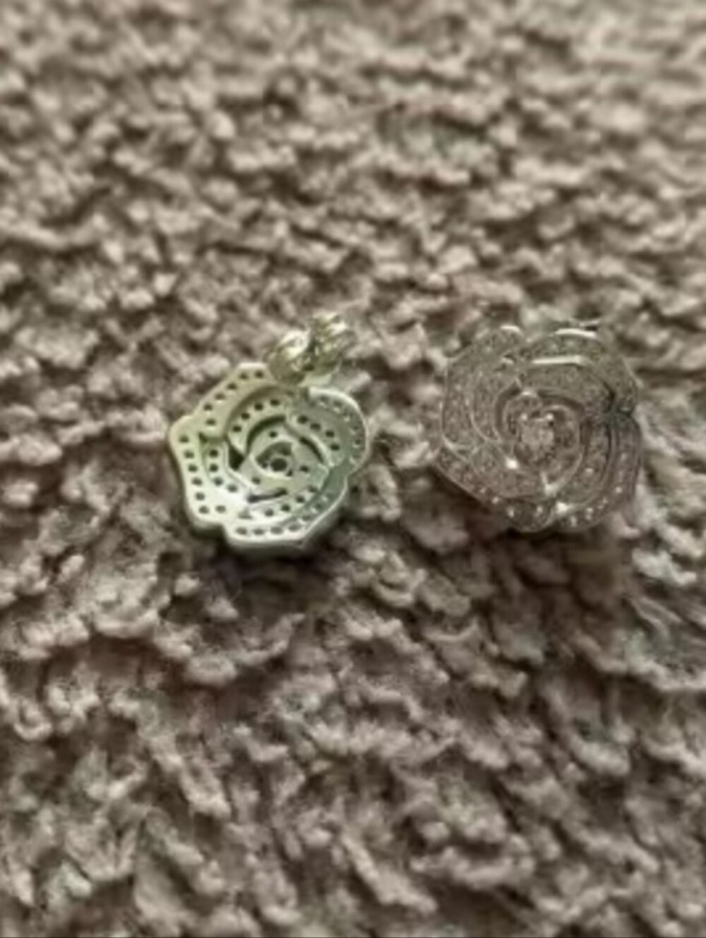 White Rhodium Camellia Stud Earrings - Picture 3 of 4